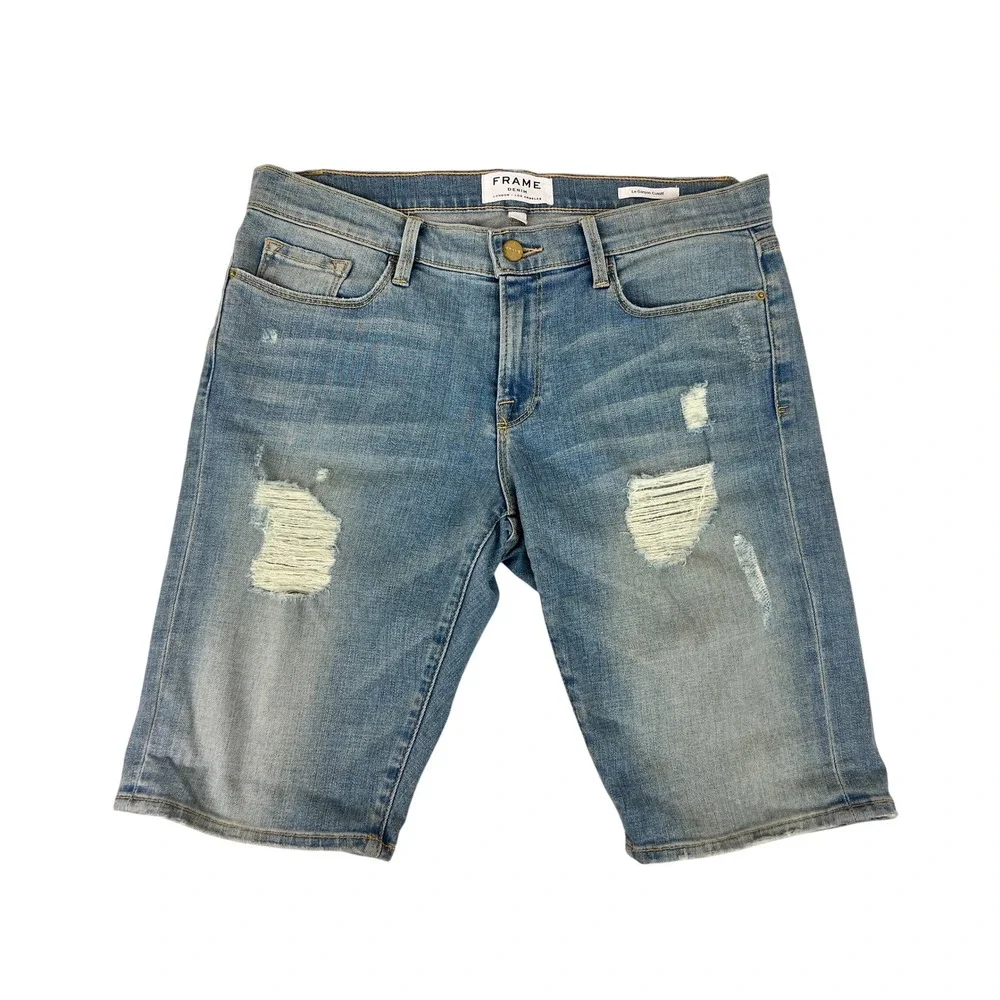 FRAME Le Garcon Cutoff Shorts Womens 28 Blue Excellent Distressed Zuma Beach